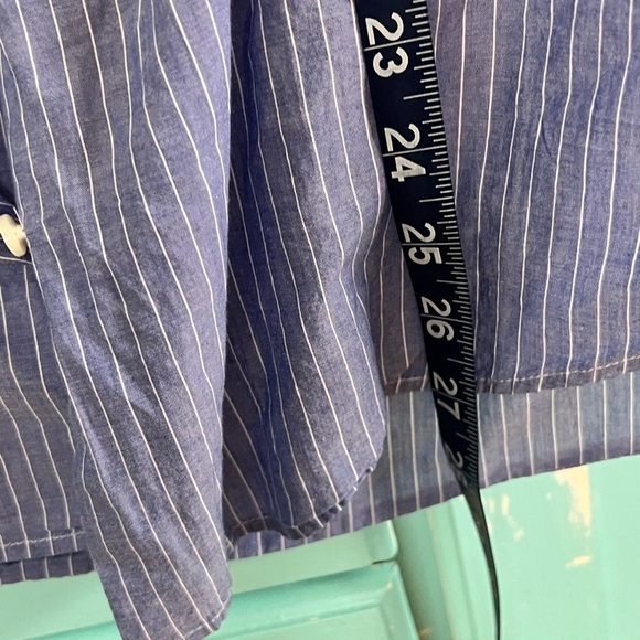 LOFT EMBROIDERED RUFFLE SLEEVE MENSWEAR STYLE BUTTON TOP, BLUE WHITE PINSTRIPE M - Picture 9 of 10